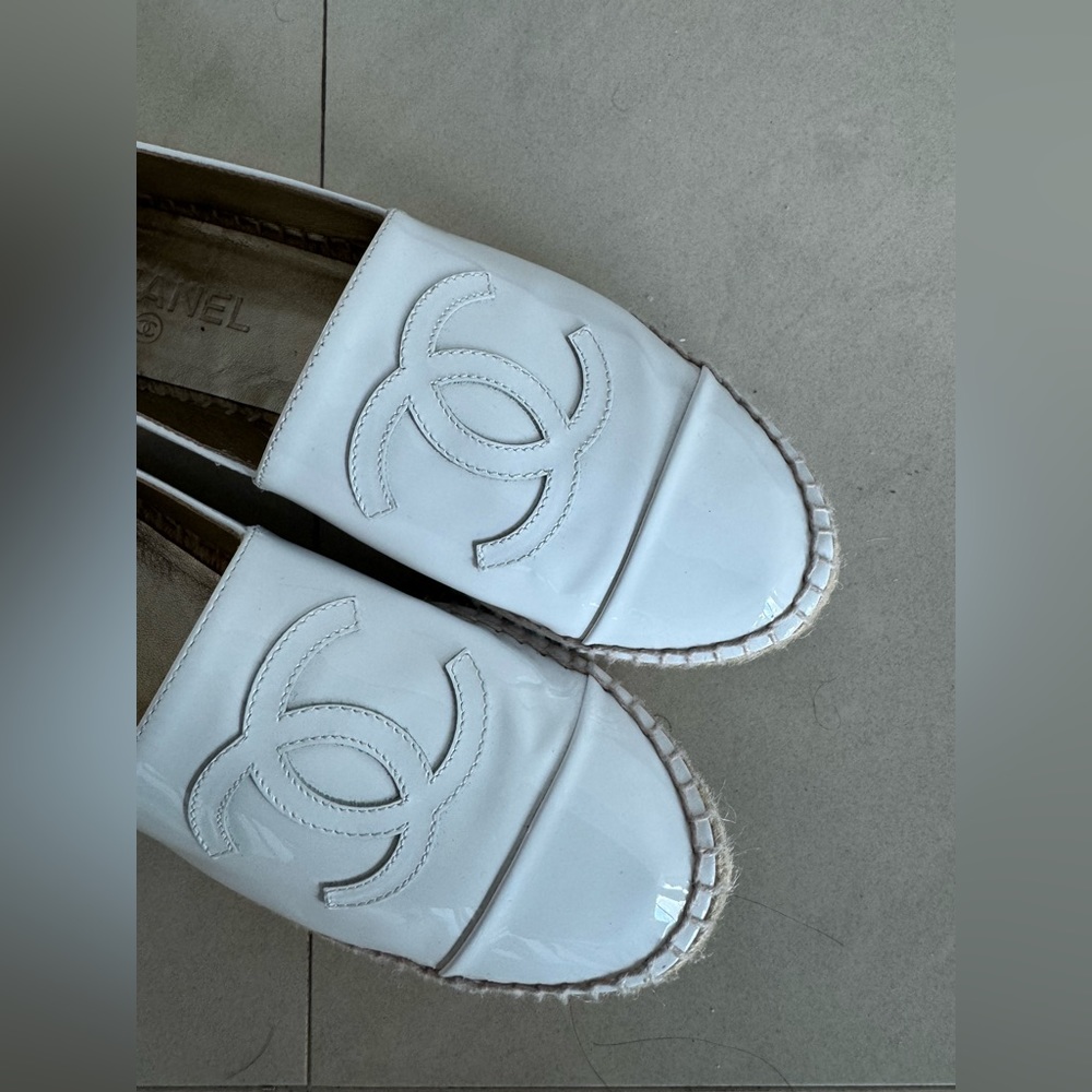 White patent Chanel espadrilles